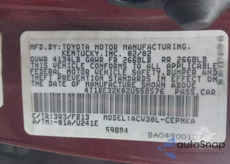 2002 Toyota Camry Le from USA, damaged, VIN 4T1BE32K02U558576